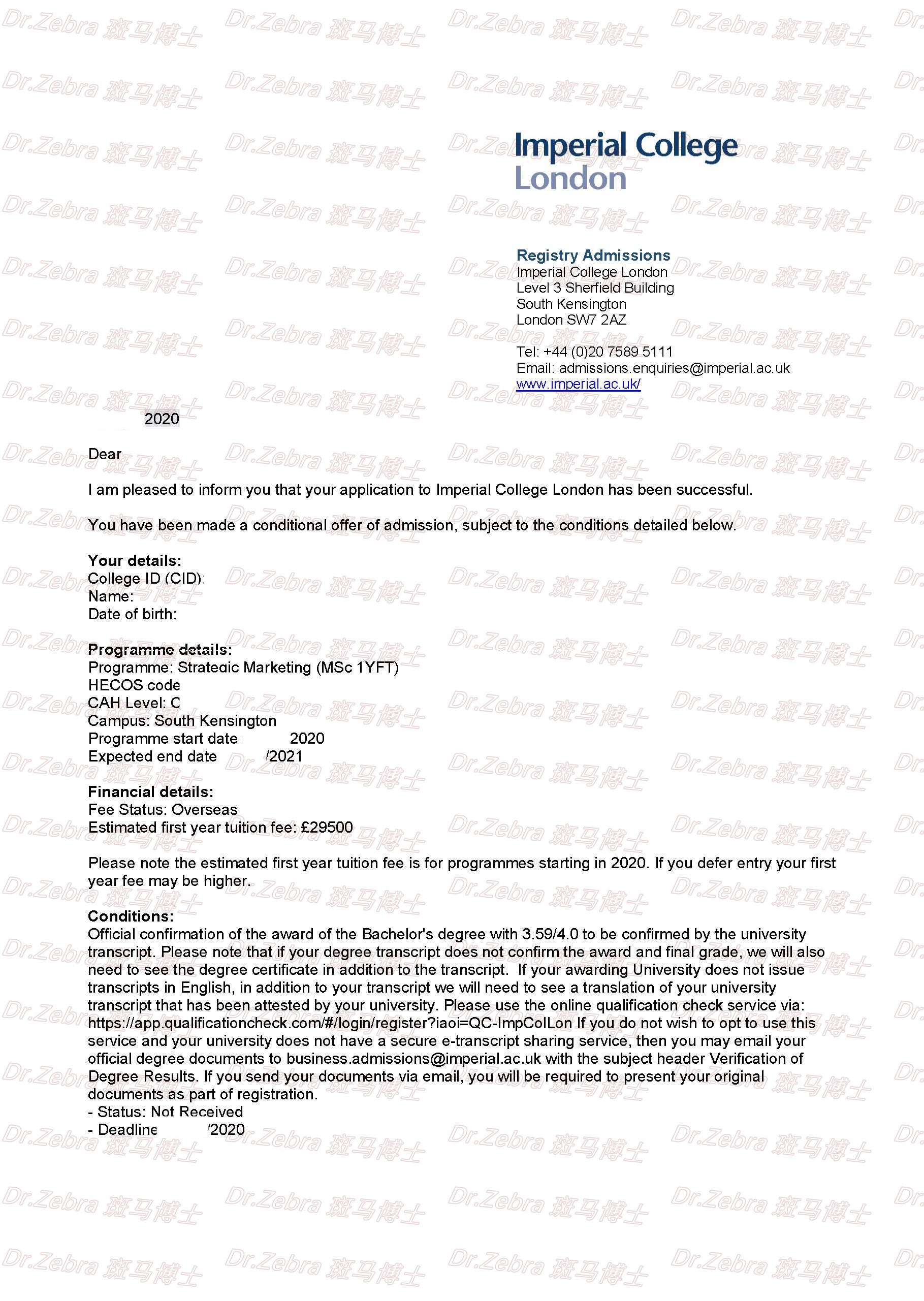  斑马博士、斑马博士留学中心、Imperial College London、IC、MSc in Strategic Marketing、 帝国理工学院、战略营销硕士