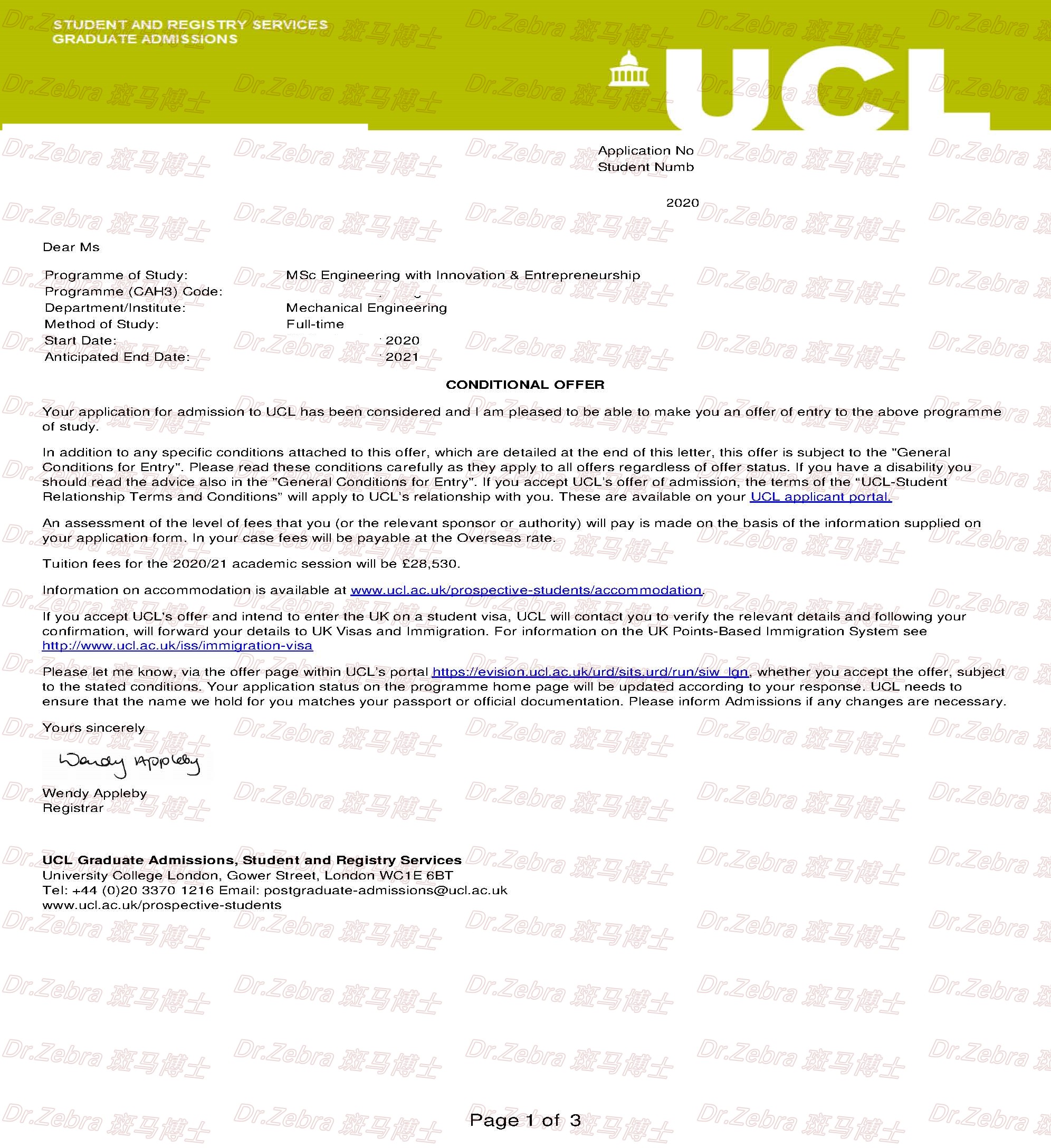 斑马博士、斑马博士留学中心、伦敦大学学院 University College London、UCL、 Engineering with Innovation and Entrepreneurship