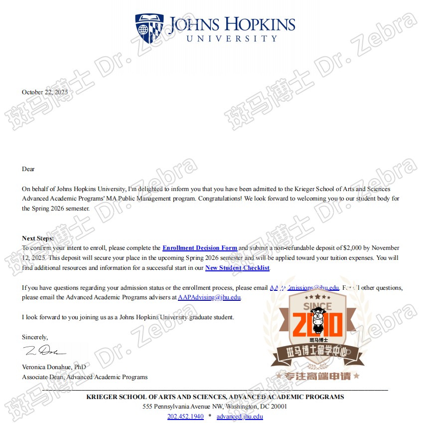 Johns Hopkins University MA in Public Management硕士录取！