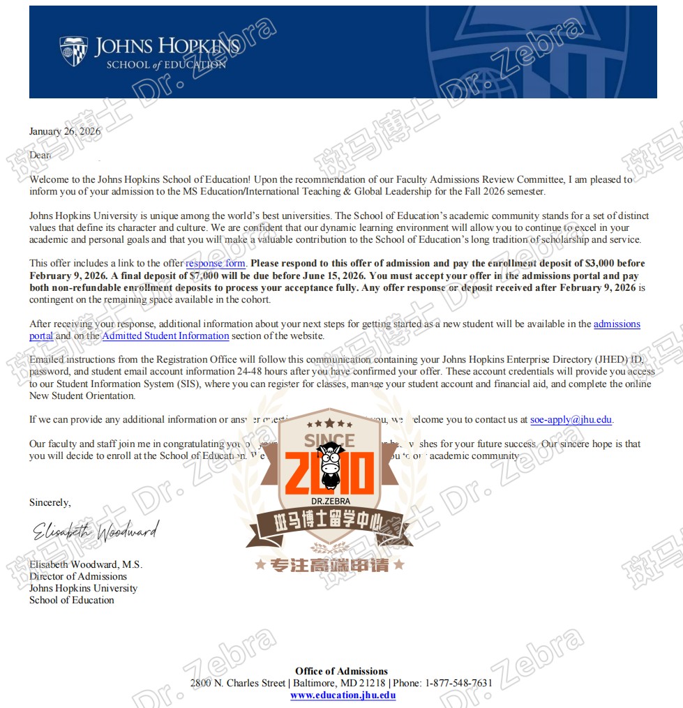 JHU MS Education/International Teaching& Global Leadership (ITGL)硕士录取！