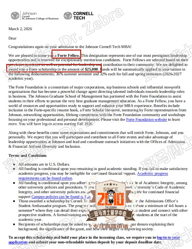 Cornell University MBA硕士录取+25000美元奖学金！