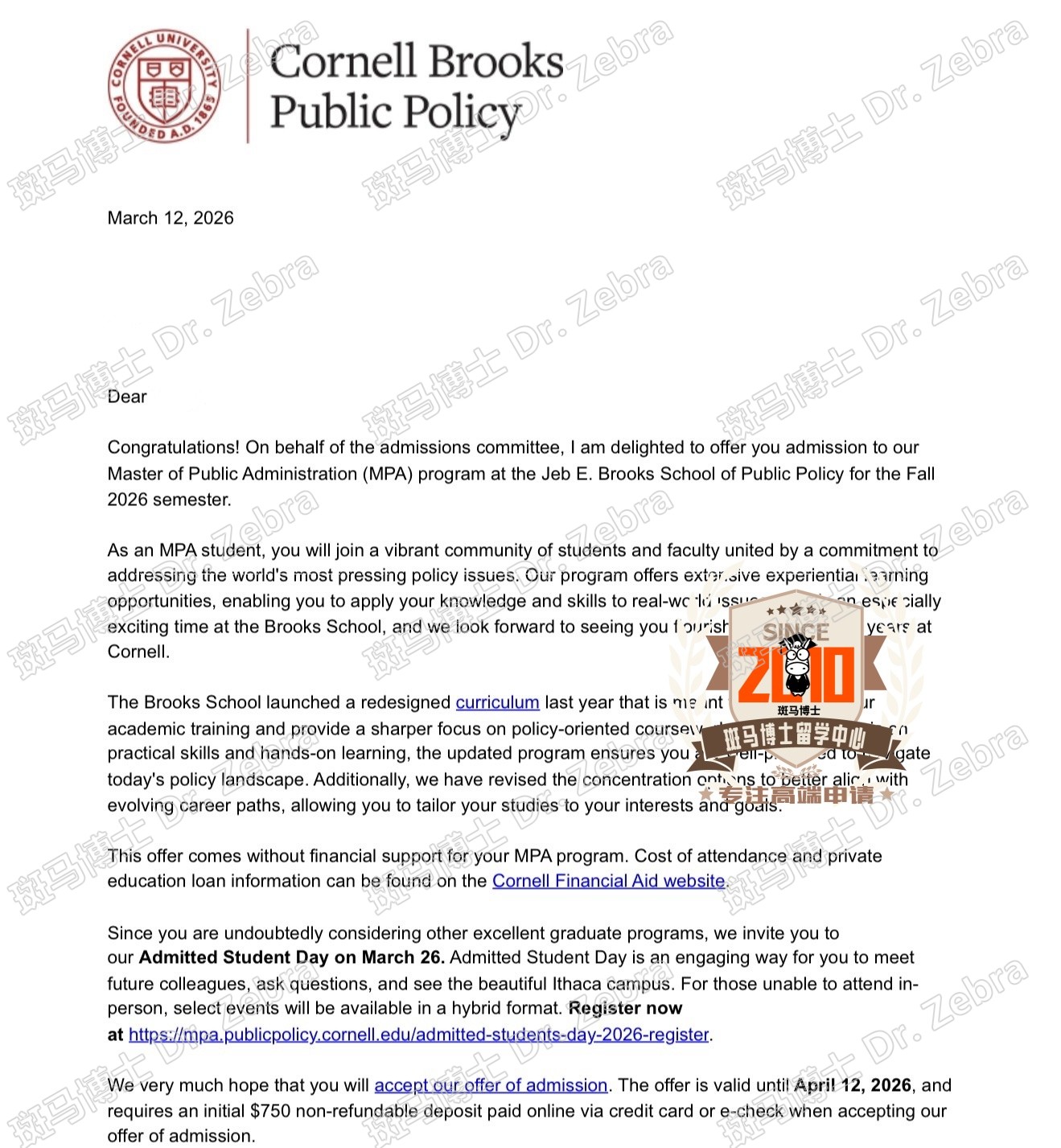 Cornell University Master of Public Administration（MPA）硕士录取！